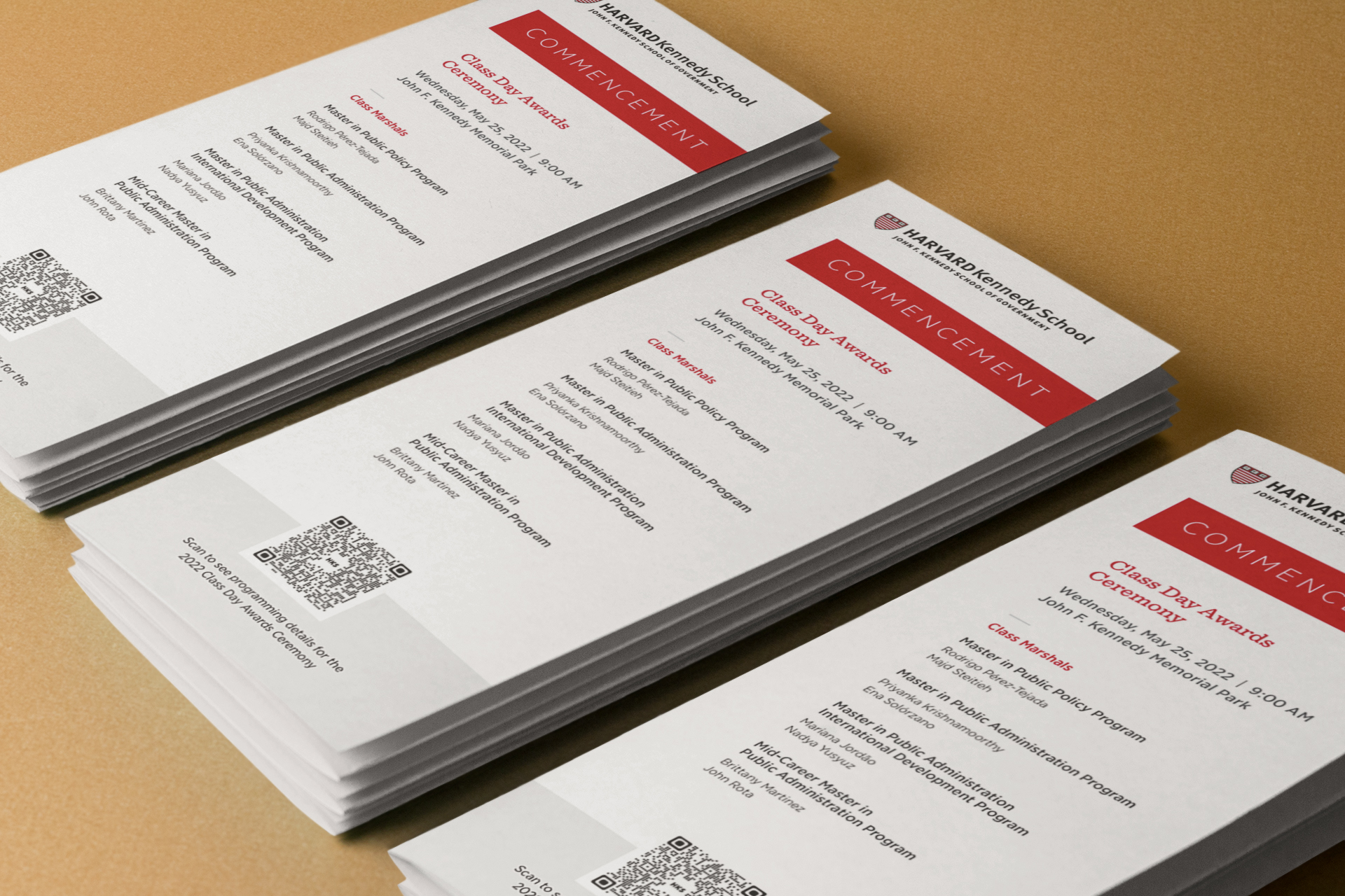 Stacks of Class Day programs handed out during HKS Commencement week