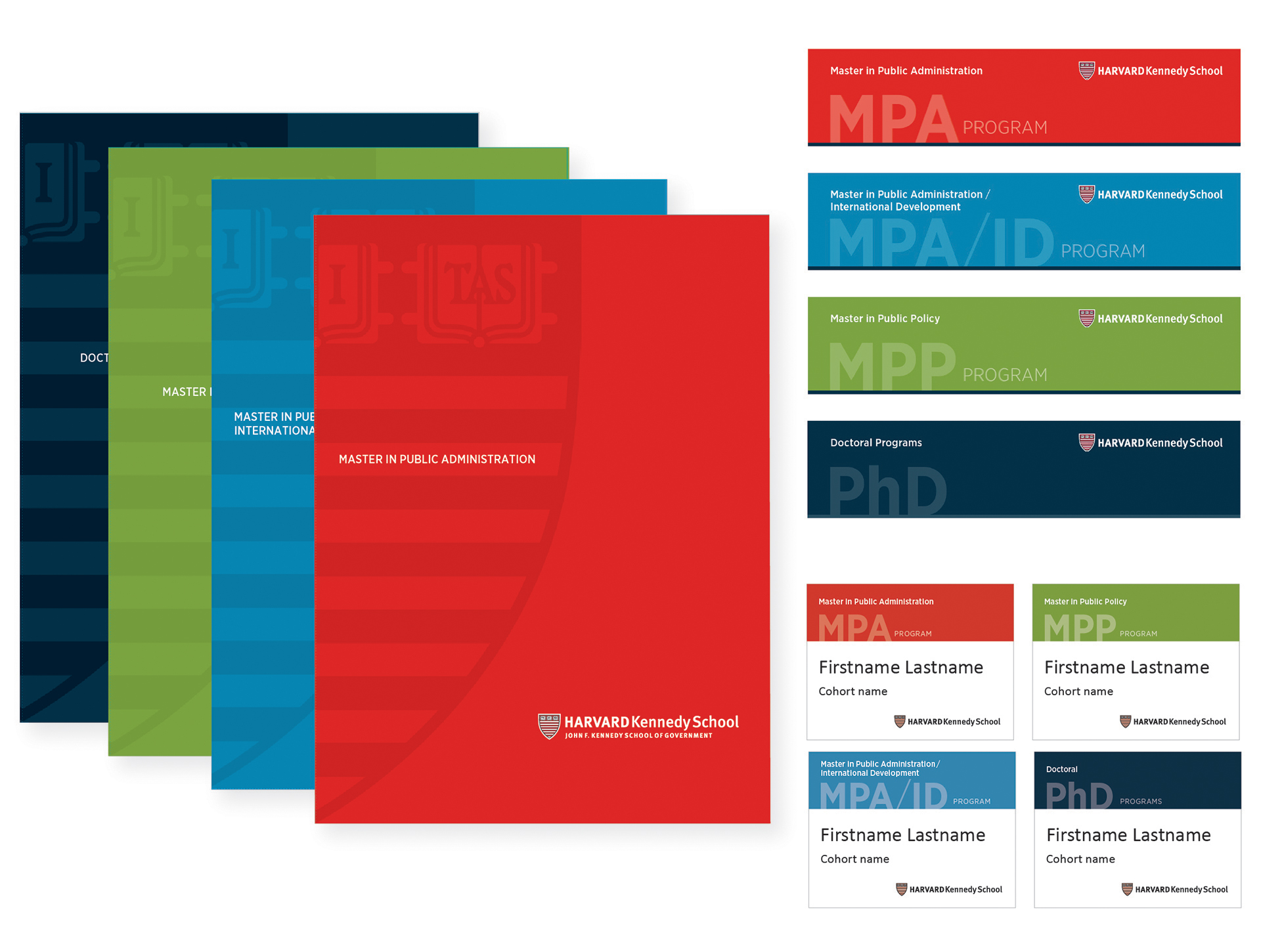 color differentiated degree program folders, email banners, and name badges