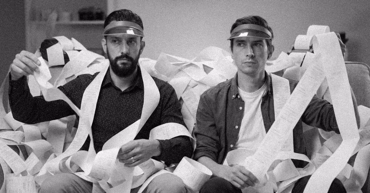 Two tennis players dramatically holding long strips of paper, illustrating the concept of hidden website costs.