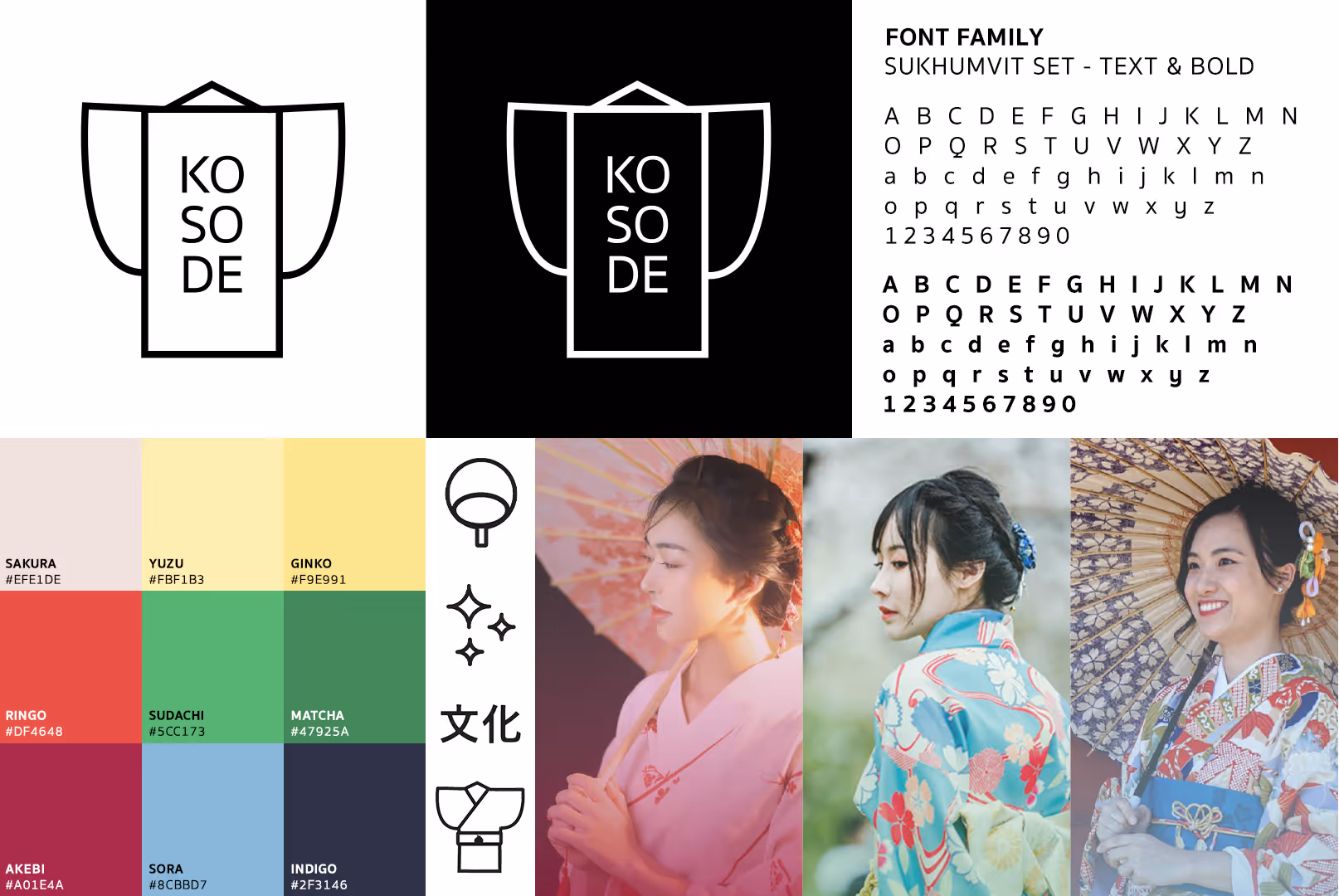 Brand Identity for the project, Kosode. Shows 2 rows of different design. Starting from the top right corner is two logos in  black and white for the brand Kosode. The top  left shows the font family, Sukhumvit Set text and bold format was used for the brand design. 9 colors, iconography and photography were used through out the bottom poportion of this image. 