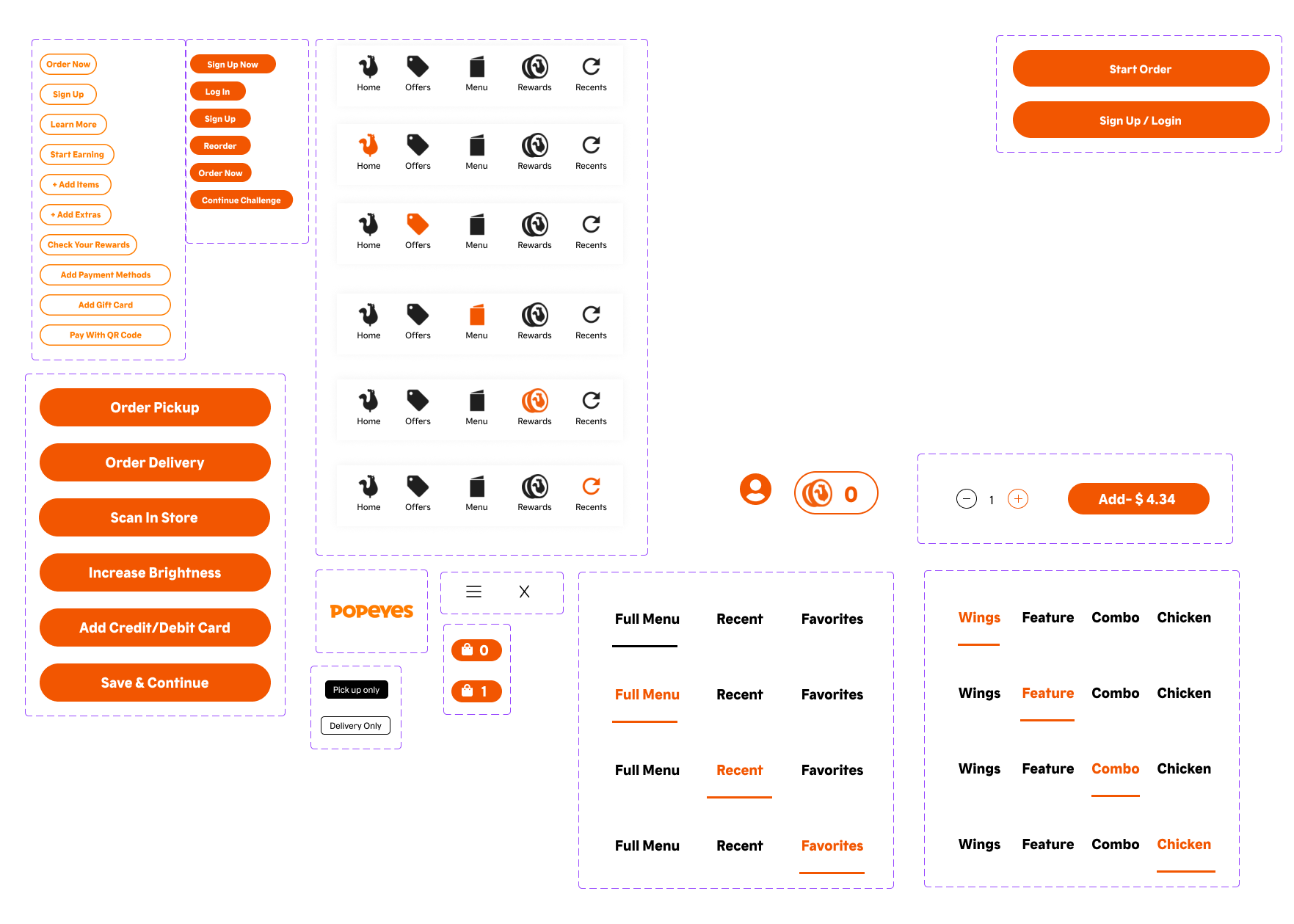 User interface design elements for a food ordering app including navigation menus, buttons for order pickup and delivery, sign up and login buttons, menu categories, and icons for rewards and recent orders.