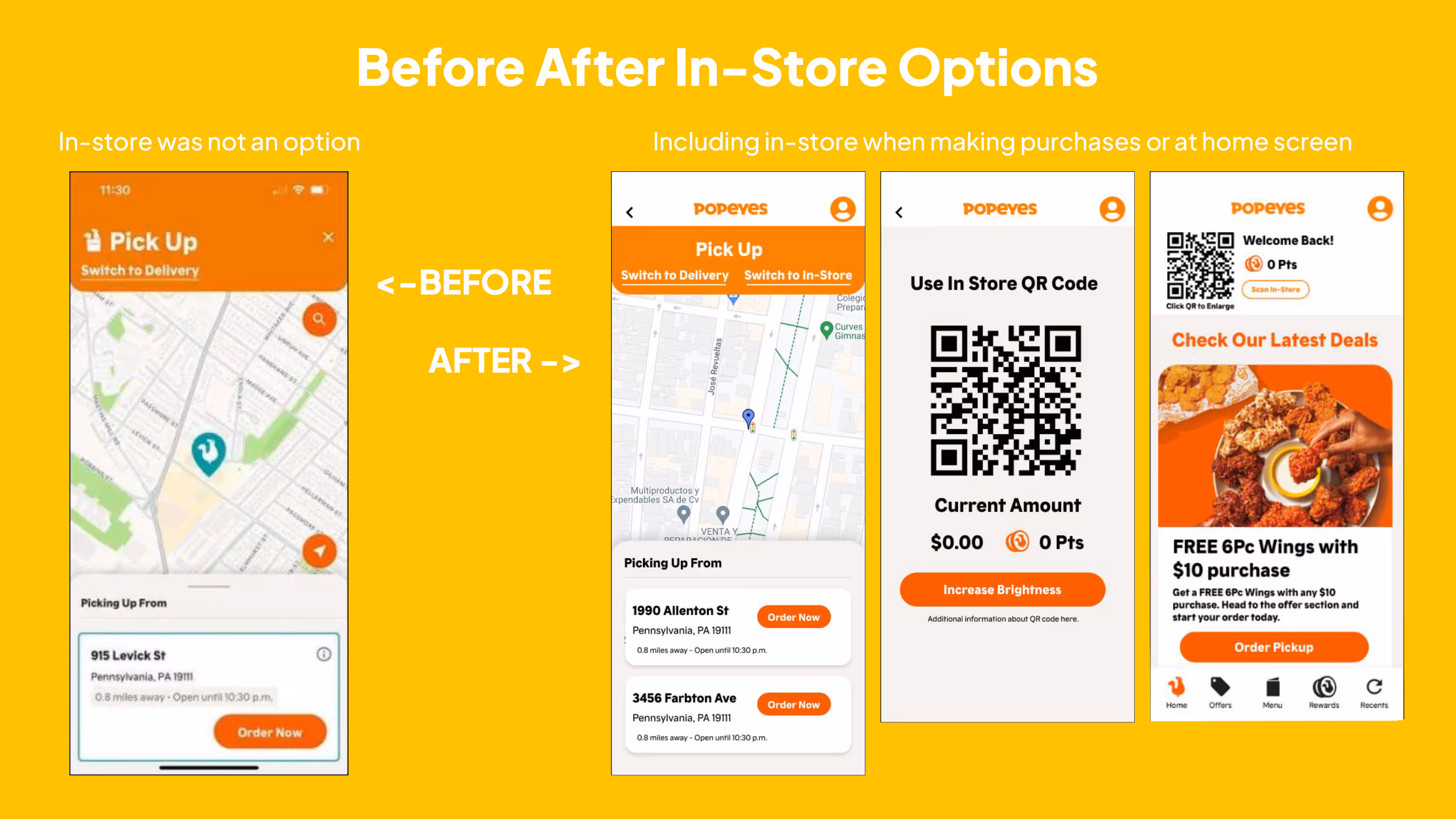 Comparison of Popeyes app screens showing before and after adding in-store pickup options with map locations, QR code for in-store use, and promotional deal for free wings with purchase.