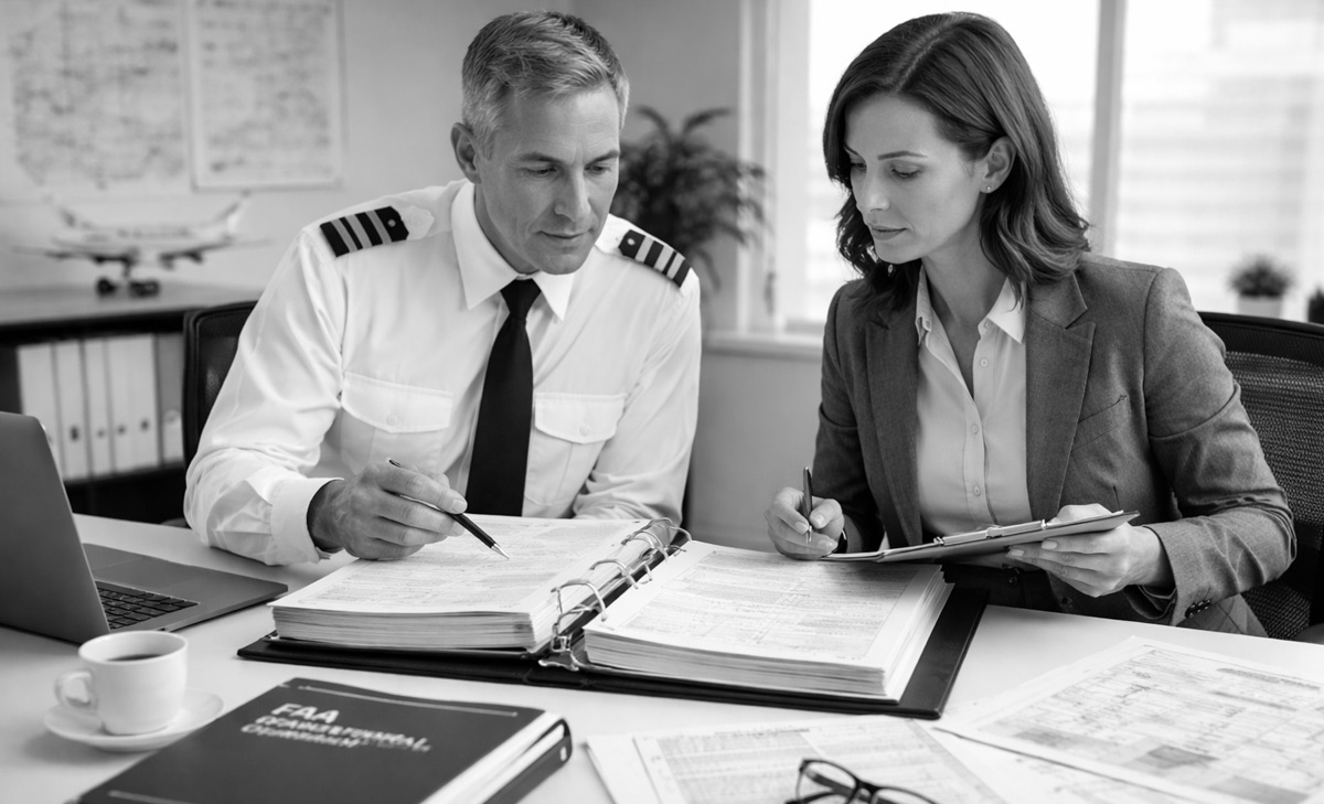 Aviation professionals reviewing FAA compliance manuals and documentation during the LOA approval process.