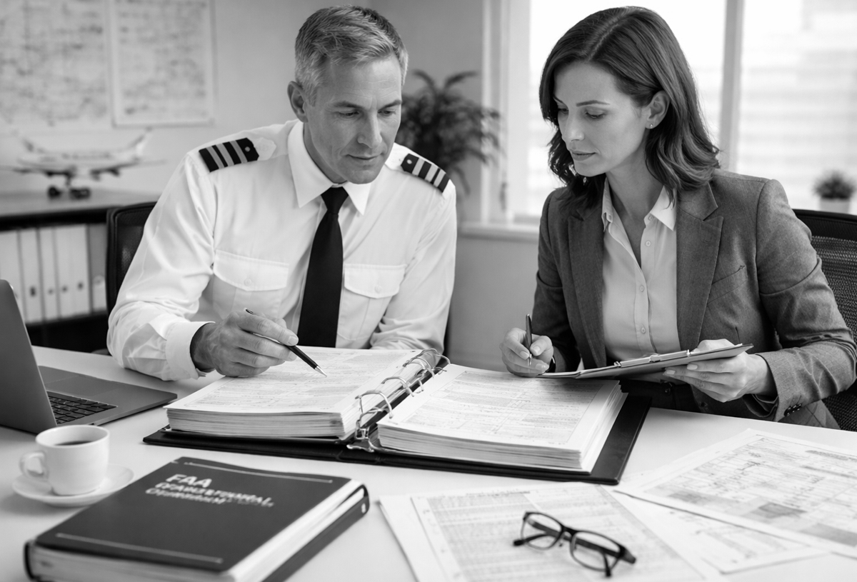 Aviation professionals reviewing FAA compliance manuals and documentation during the LOA approval process.