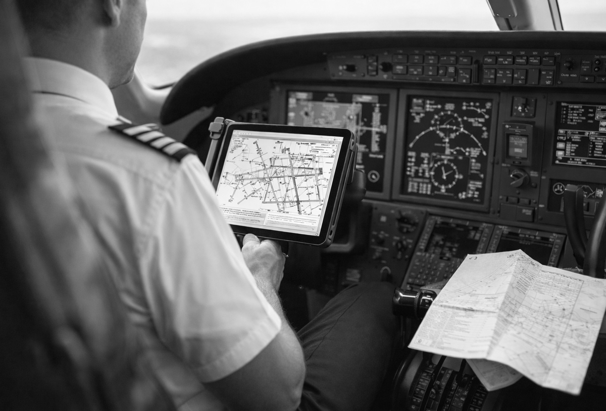 Pilot using a tablet electronic flight bag in a Part 135 aircraft cockpit, illustrating the transition from paper navigation charts to digital flight operations.