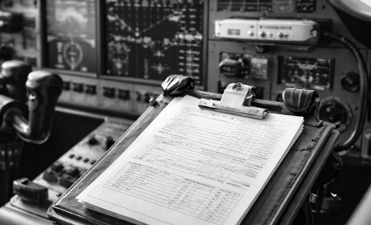 Aircraft cockpit showing maintenance documentation during MEL evaluation of installed equipment