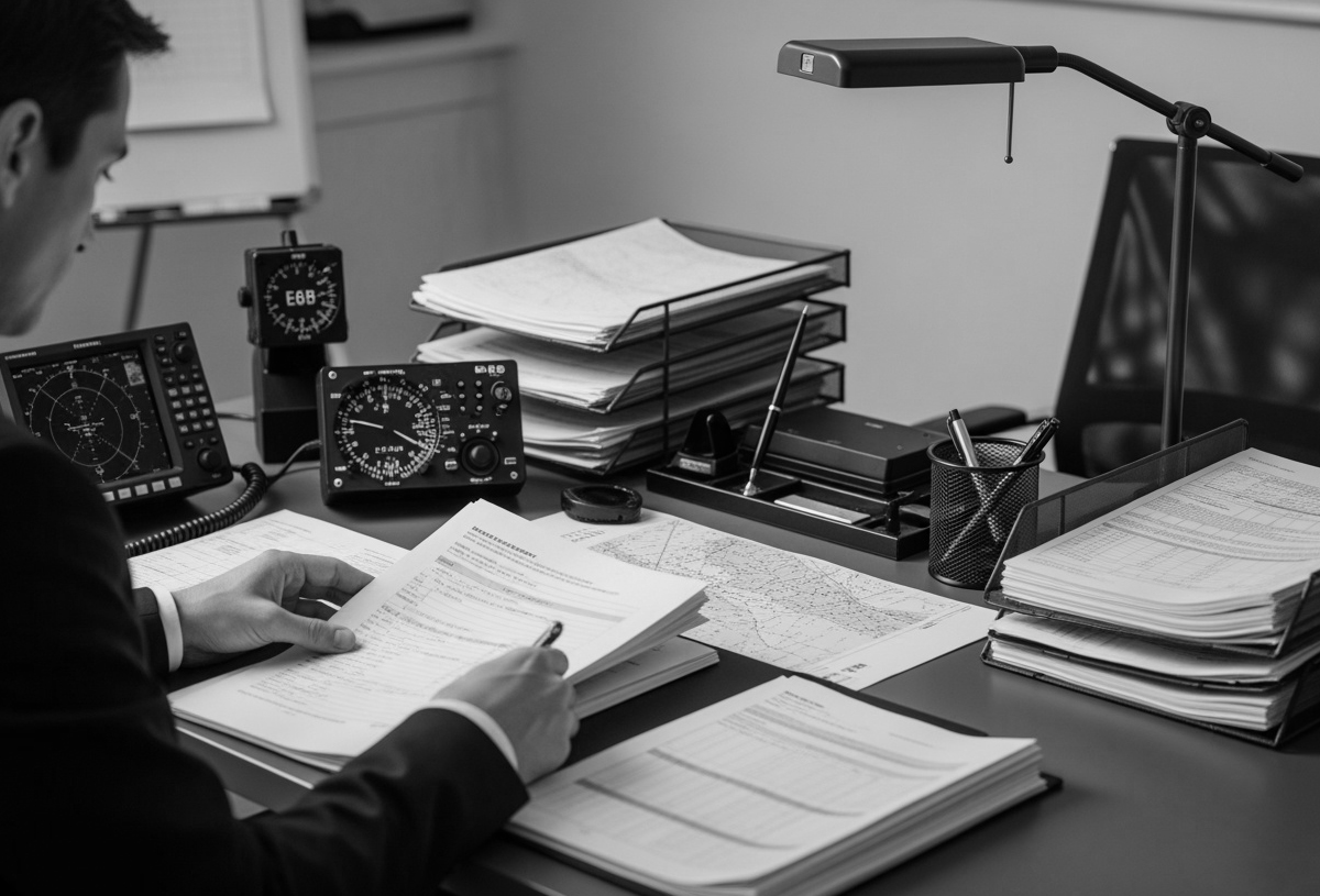Aviation professional reviewing technical documentation and charts as part of an FAA Letter of Authorization preparation process.