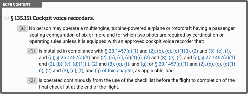 Screenshot of 14 CFR §135.151(a) outlining cockpit voice recorder requirements for aircraft requiring two pilots.