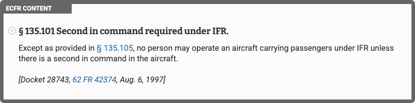 Screenshot of 14 CFR §135.101 showing second-in-command requirement under IFR operations.