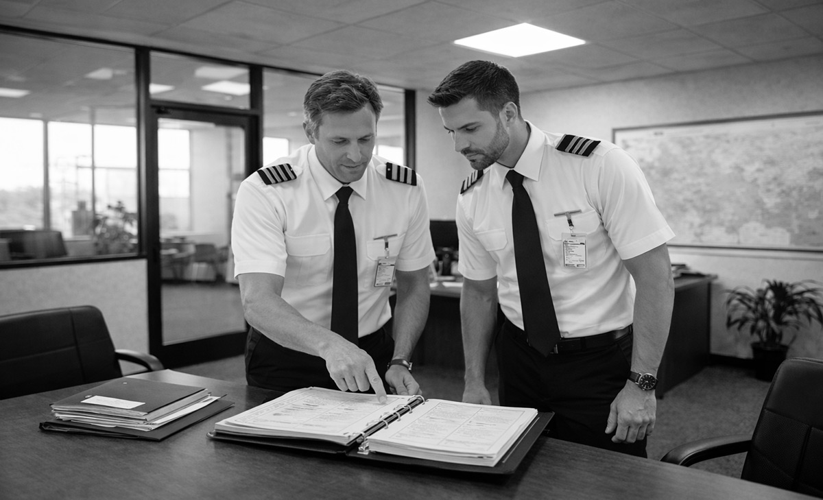 Two airline pilots reviewing operational documents and FAA LOA updates in an office setting