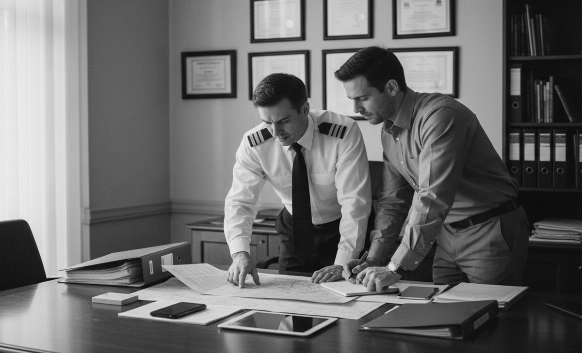 Two pilots reviewing aviation training documents and manuals in an office setting, discussing program details and records.