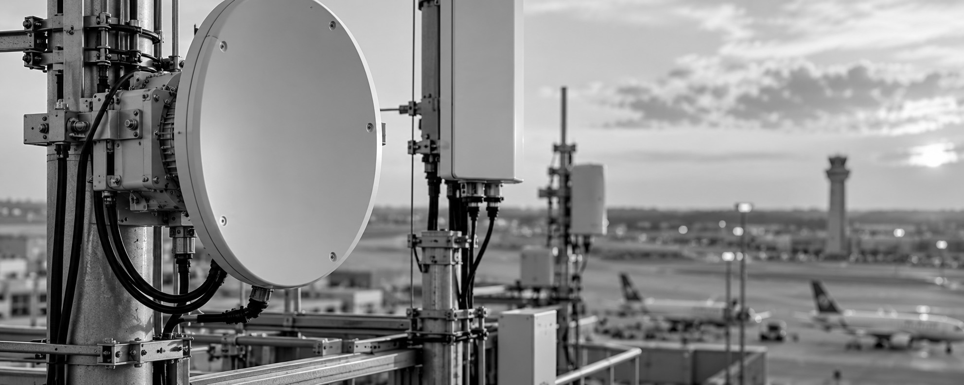 Airport communications equipment overlooking an airfield, representing the FAA integration of OAPS and WebOPSS into SAS.