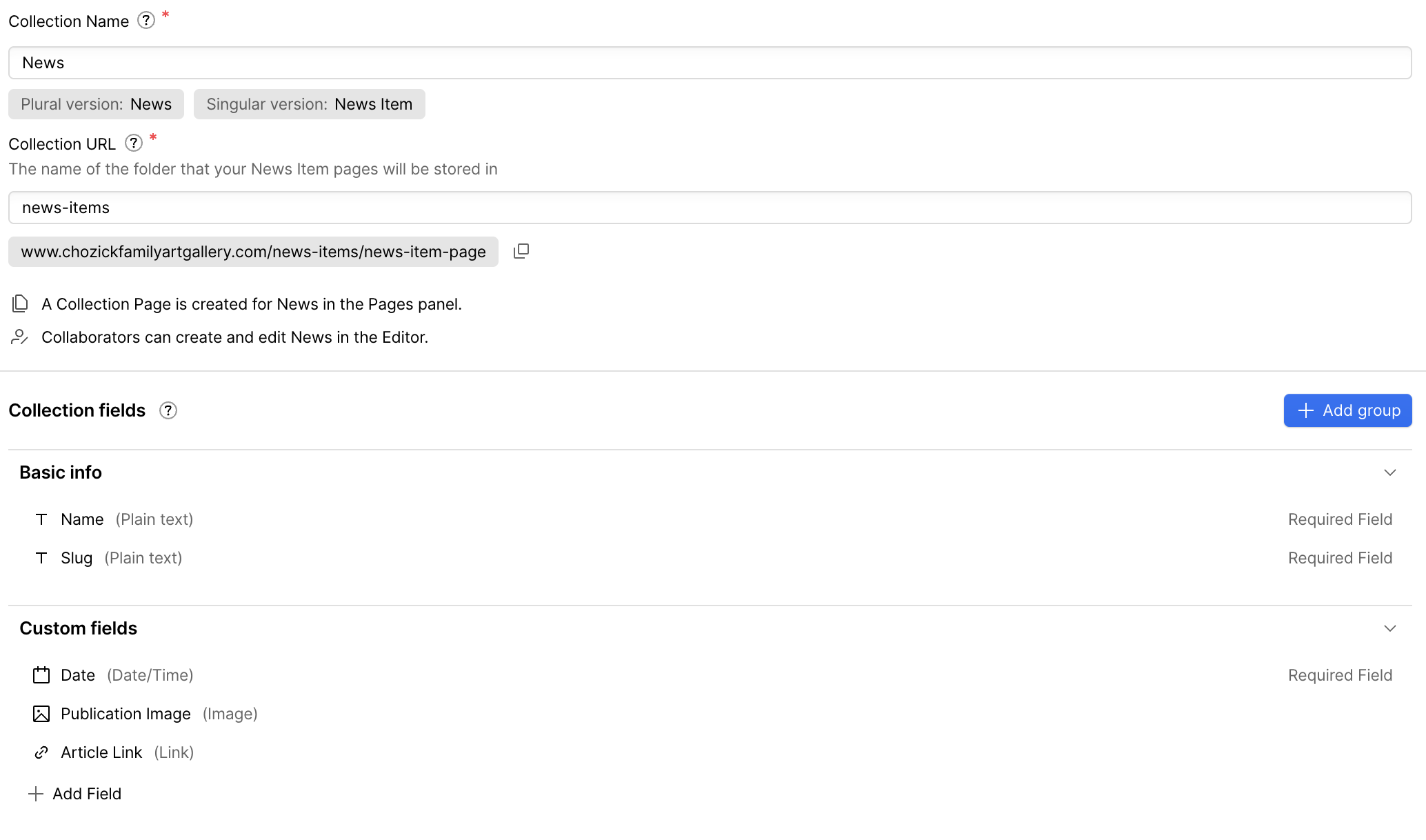 Webflow CMS settings for the News collection