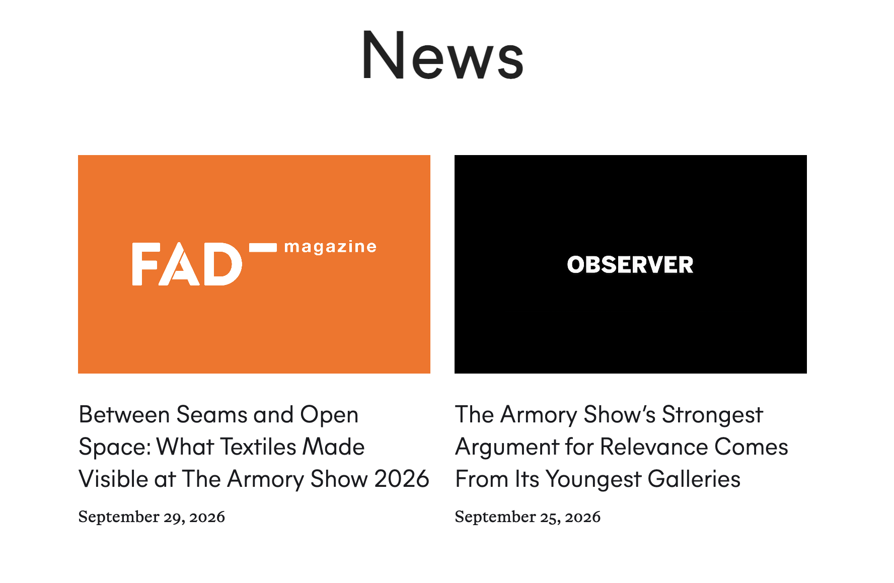 Gallery News page with press coverage from FAD Magazine and Observer