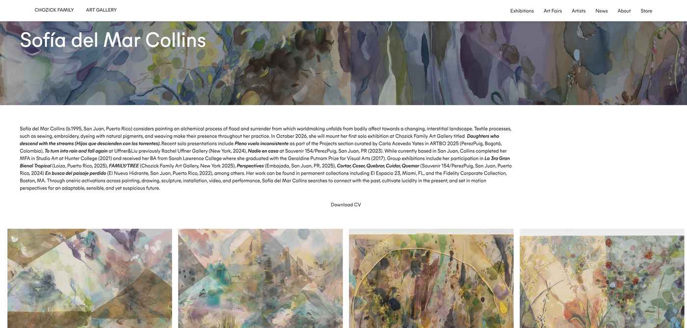 Sofía del Mar Collins artist page built from the same CMS template
