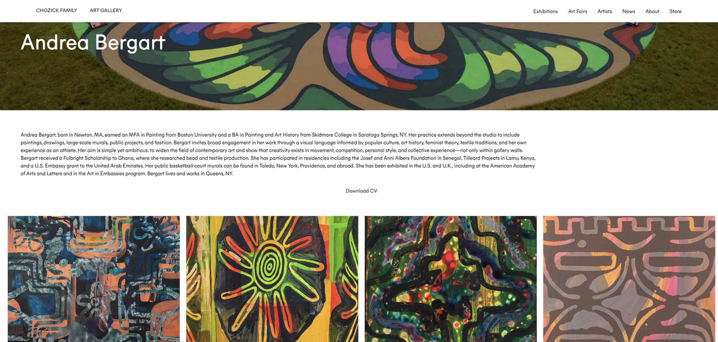 Andrea Bergart artist page built from the shared CMS template