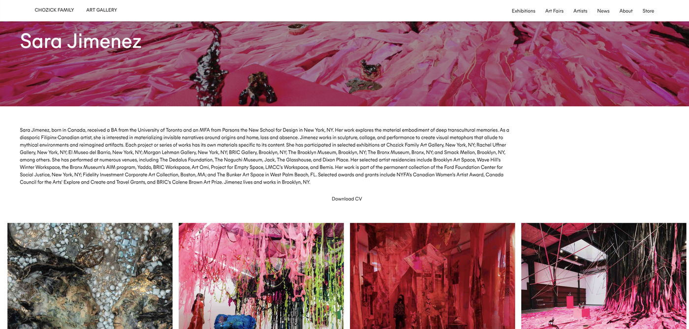 Sara Jimenez artist page built from the same CMS template