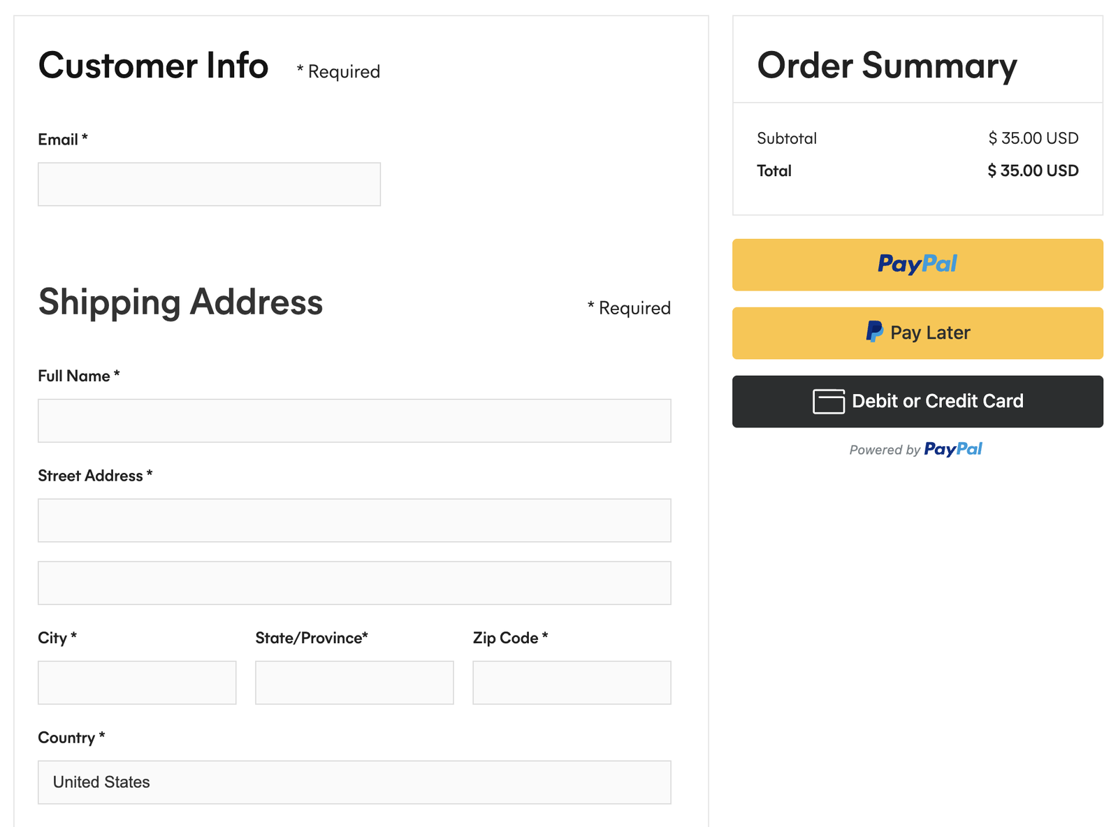 Customized checkout with customer info, shipping address and order summary