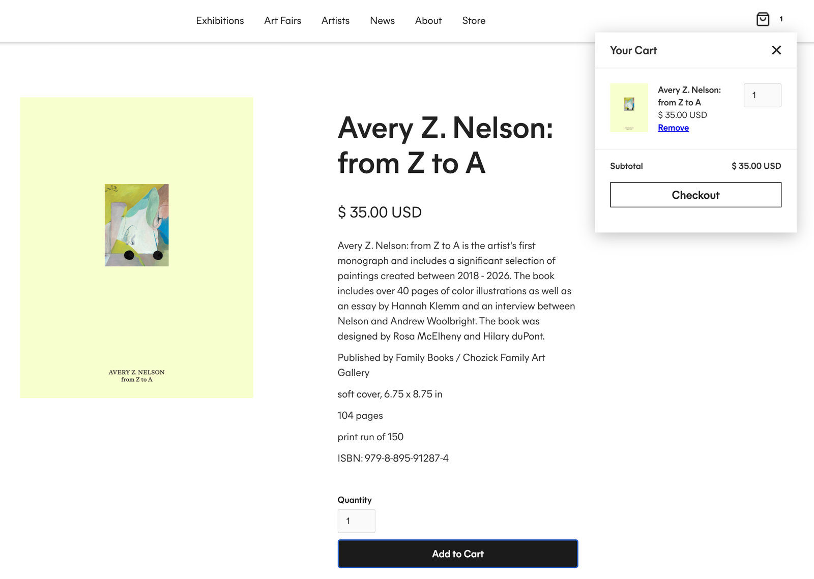 Product page for the Avery Z. Nelson monograph with the cart drawer open and a Checkout button