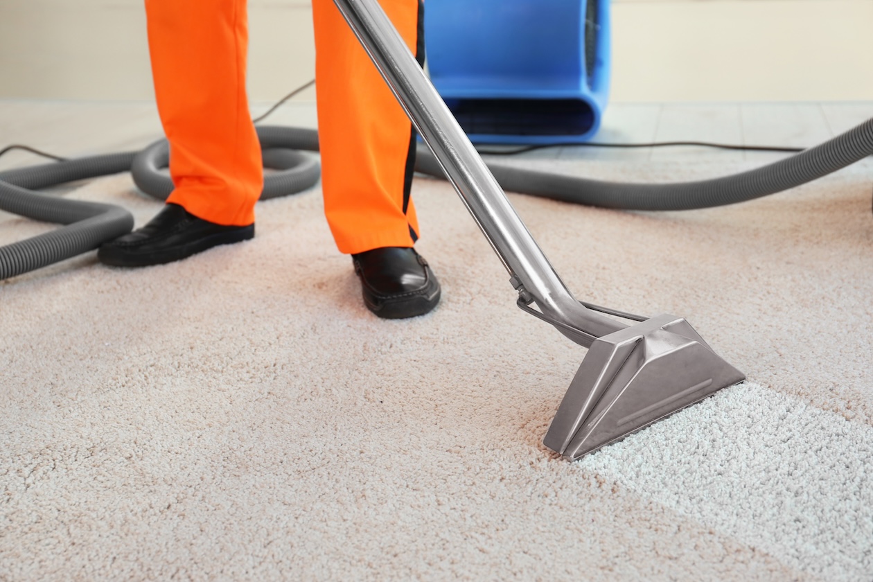 Professional carpet cleaning technician using extraction equipment to remove dirt from residential carpet floor.