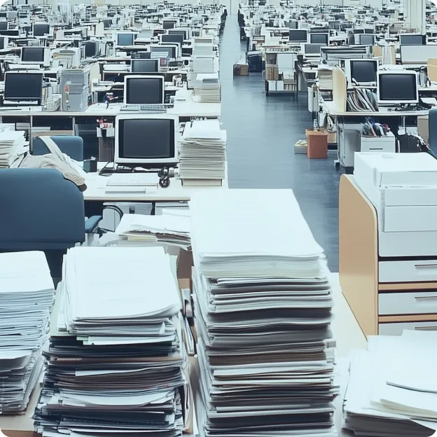 Large office filled with desks, computers, and stacks of paperwork.