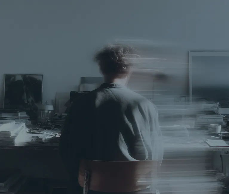 Artistic photo of a blurred person sitting at a desk, symbolizing motion and focus.