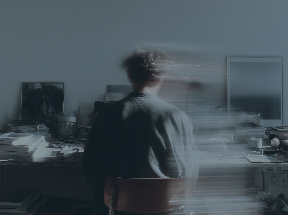 Artistic photo of a blurred person sitting at a desk, symbolizing motion and focus.