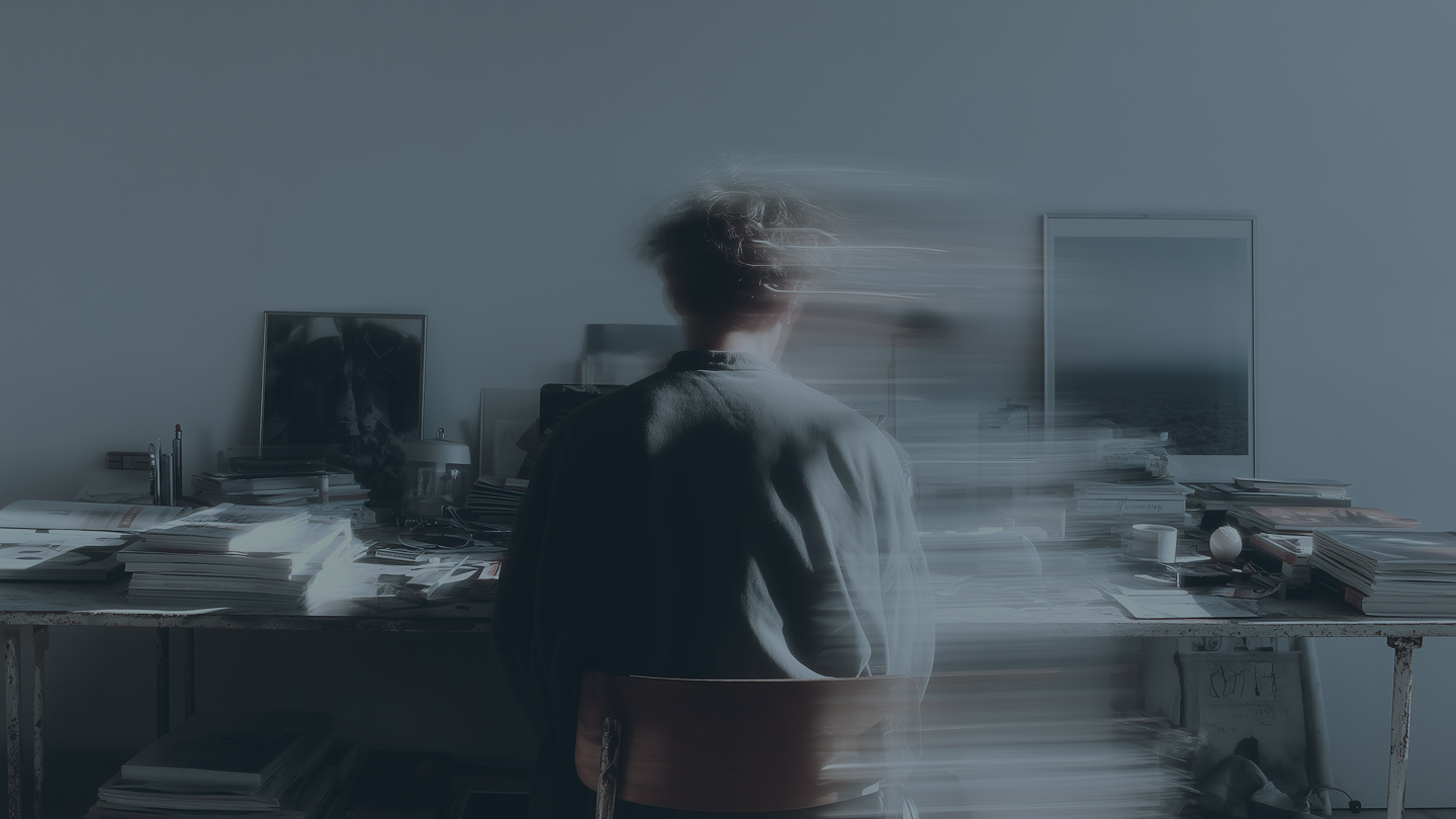 Artistic photo of a blurred person sitting at a desk, symbolizing motion and focus.