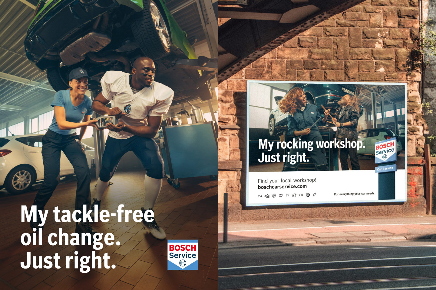 Two Bosch Car Service ads. Copy: "My tackle-free oil change. Just right." and "My rocking workshop. Just right."