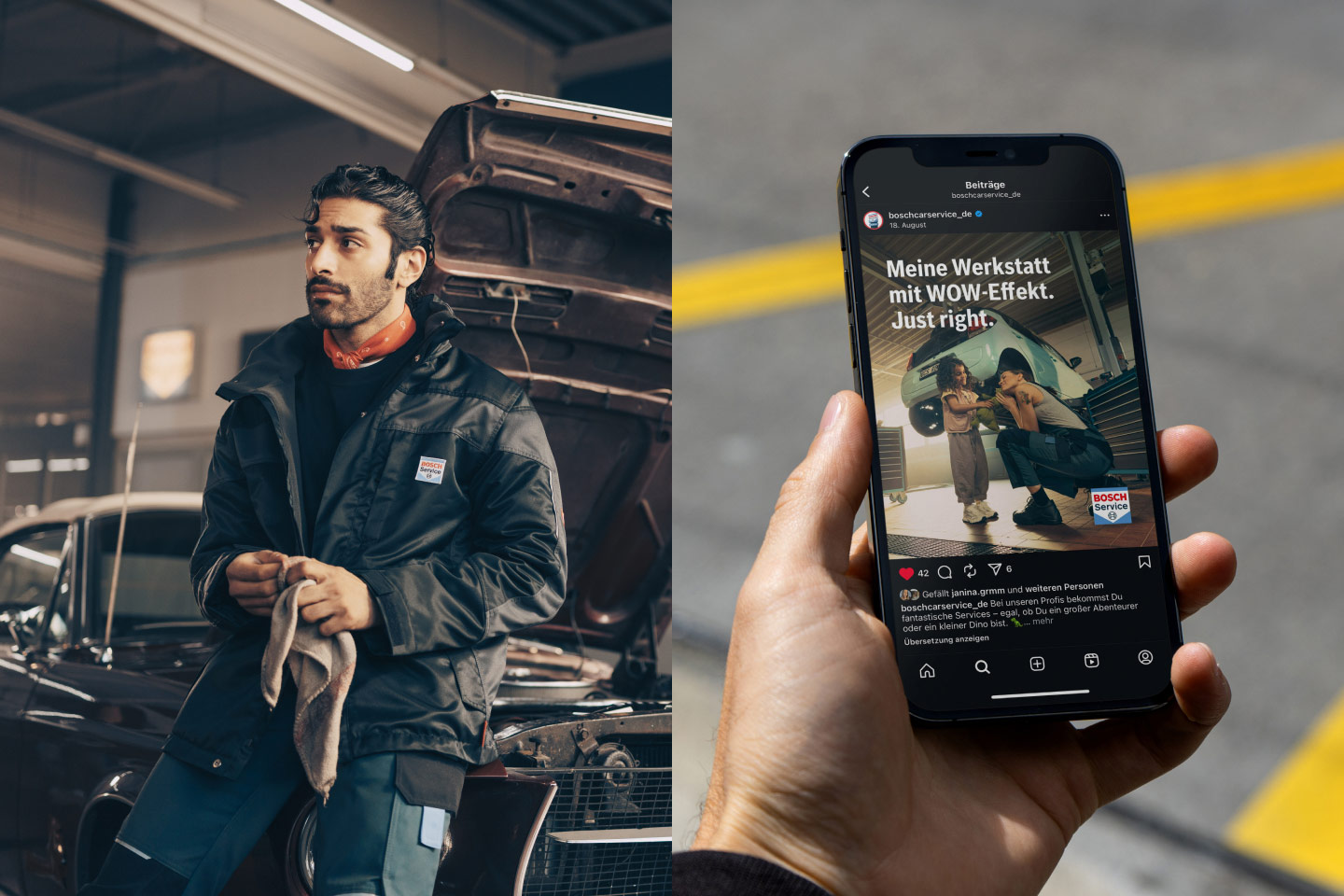 Left: A mechanic. Right: A Bosch Car Service Instagram post