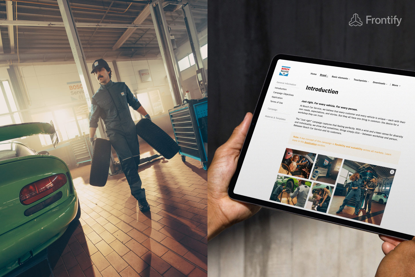 Left a mechanic carrying tires, right the Bosch Car Service website