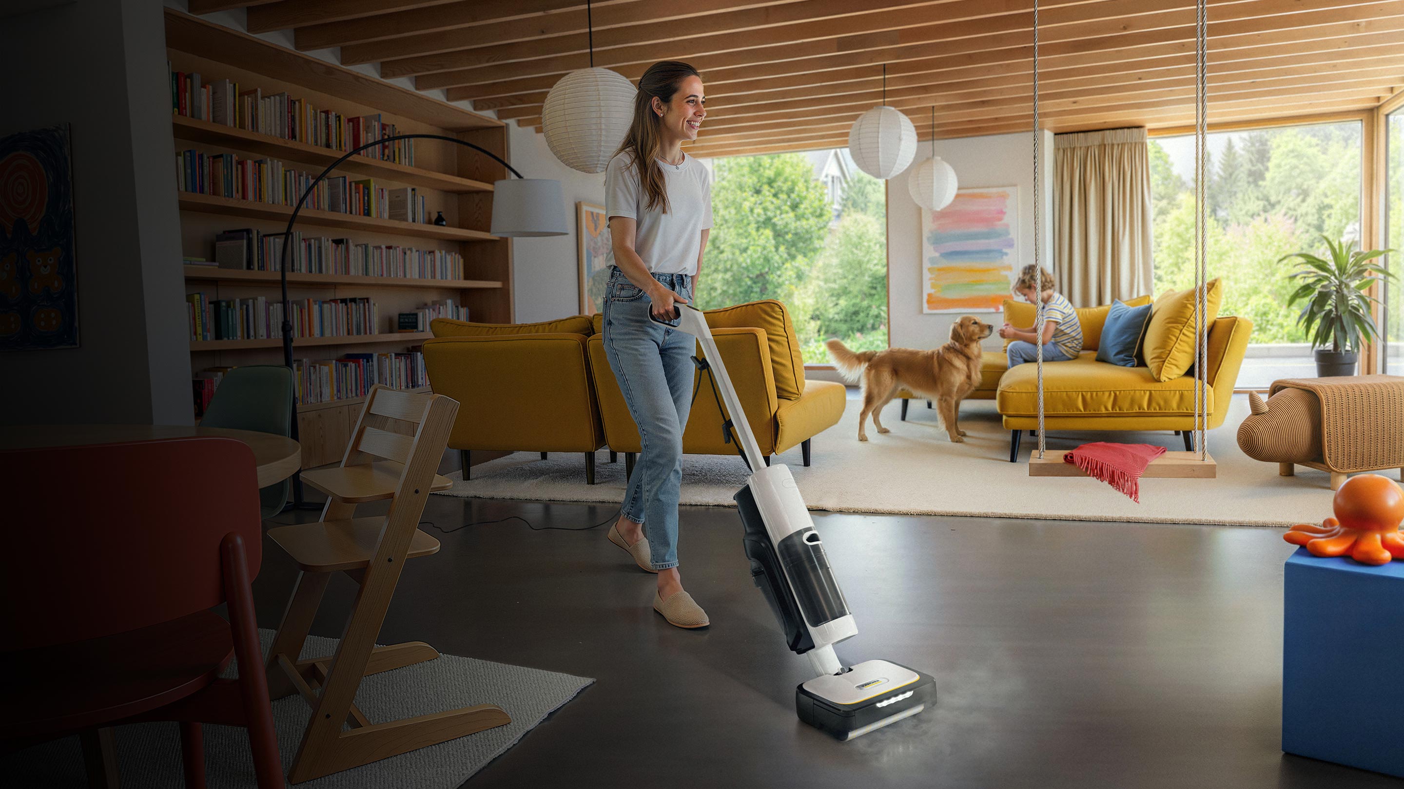 A woman cleans her floor with a Kärcher SCV4