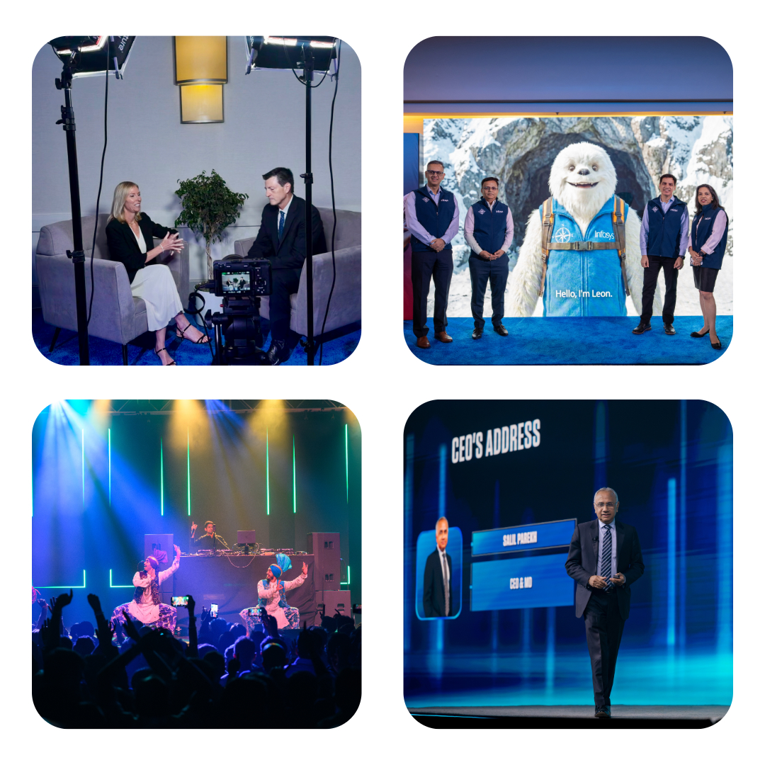 4 photos showing the incredible energy at Infosys Connect. Skyler Mattson, Salil Parekh, and even the new Infosys mascot Leon!