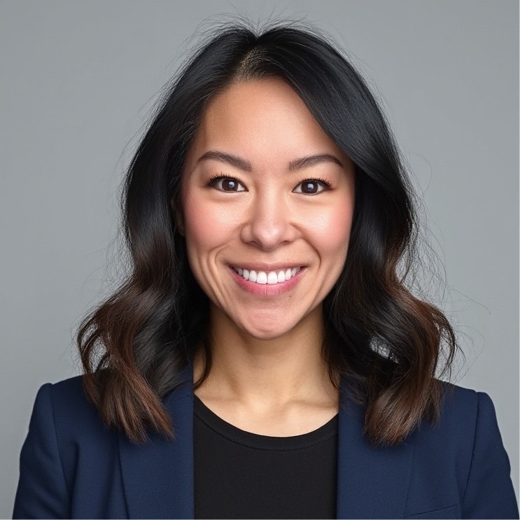 Smiling woman with shoulder-length wavy black hair wearing a navy blazer and black top against a gray background.