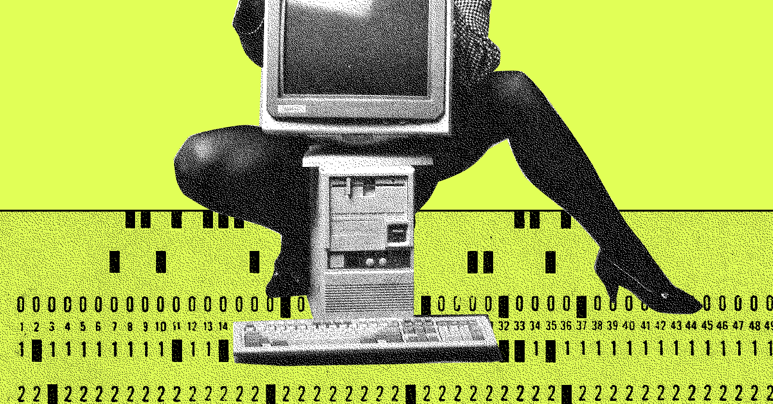 Femme legs in stockings and heels straddle a bulky 1980s-era computer and punch card over a neon-yellow background in a rough, collaged illustration.