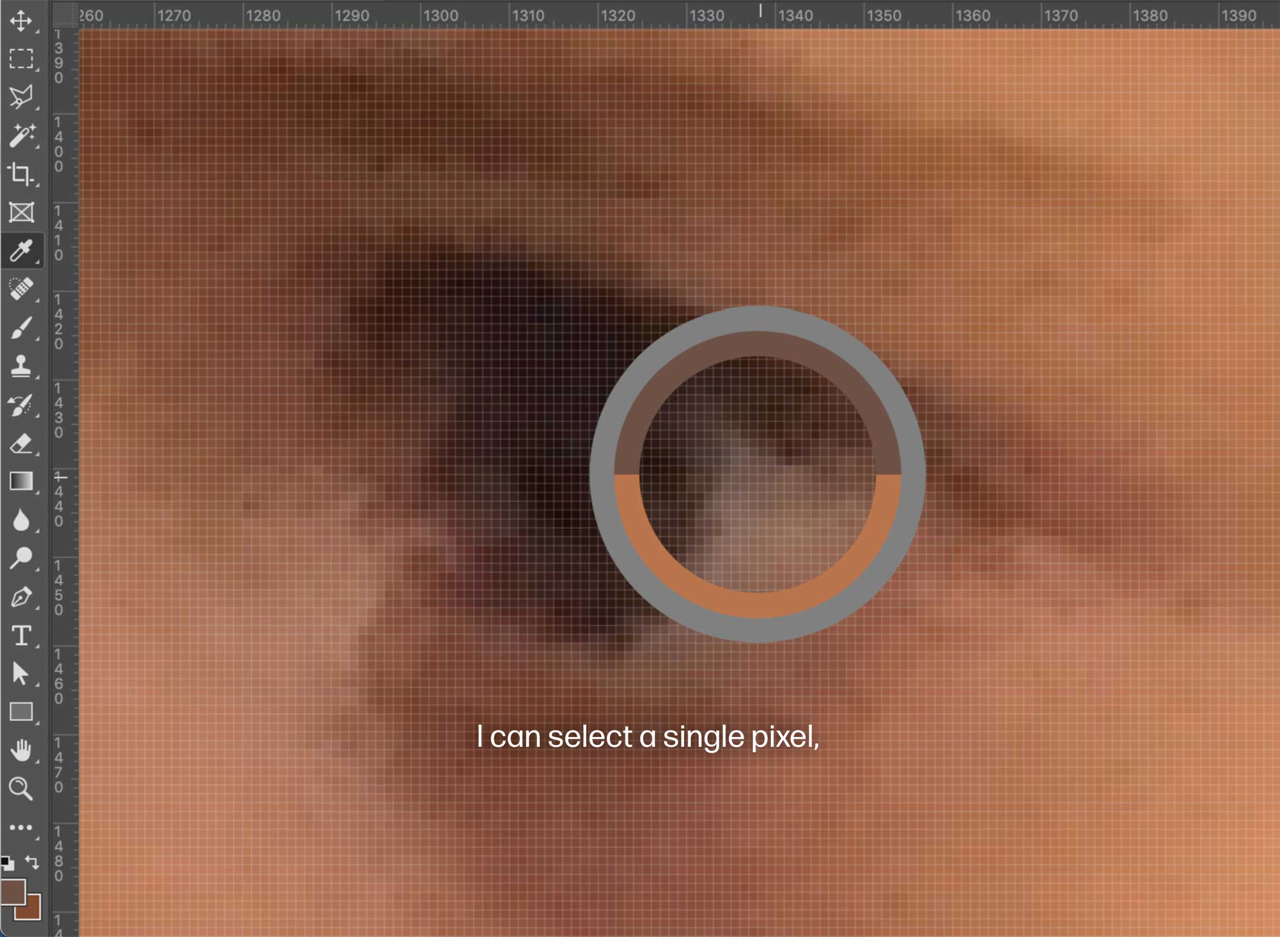 A screenshot showing a pixelated, dramatically zoomed-in photo of a child’s eye. The software has placed a large bullseye selection tool over the child’s pupil. Small type reads, “I can select a single pixel.”