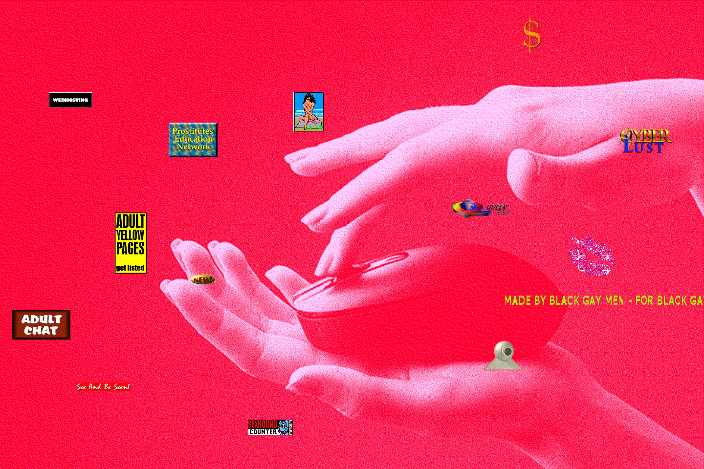 In a hot pink-tinted photo, dramatically lit hands with manicured nails seductively stroke the scroll wheel of a 1990s-era computer mouse. A group of small animated gifs from erotic websites blink in the foreground.