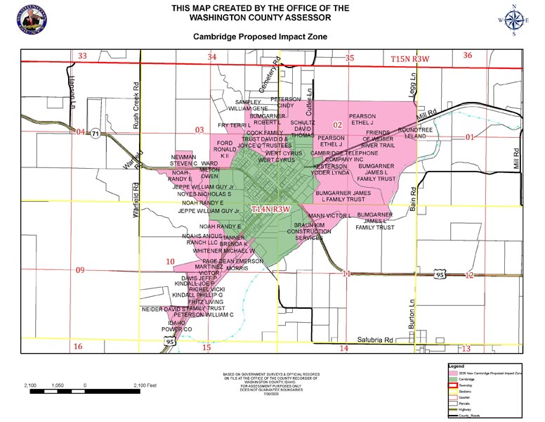 Cambridge’s revised and updated Area of Impact map. The Green portion is the city of Cambridge itself and the pink portions are the Area of impact.