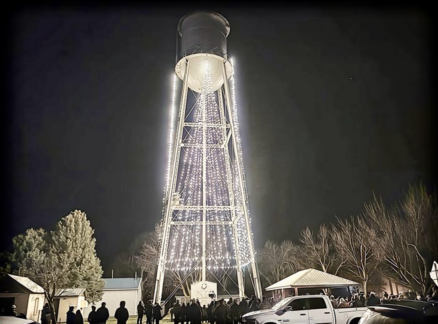Cambridge’s Water Tower lit up for the Christmas season.Photo credit: Yvette Cadeaux