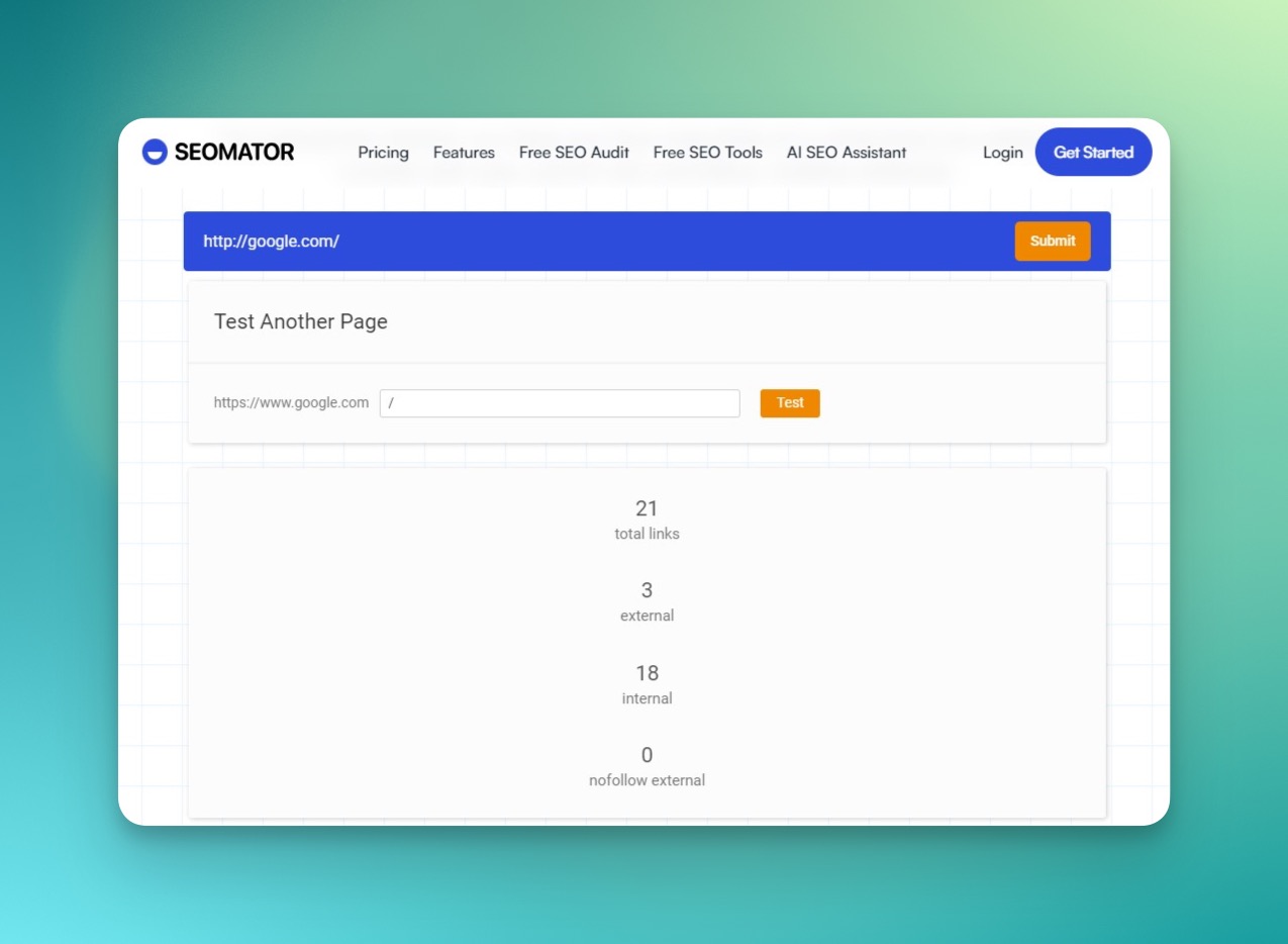 SEOmator internal link checker tool displaying link types, anchor text, and follow attributes for a law firm website