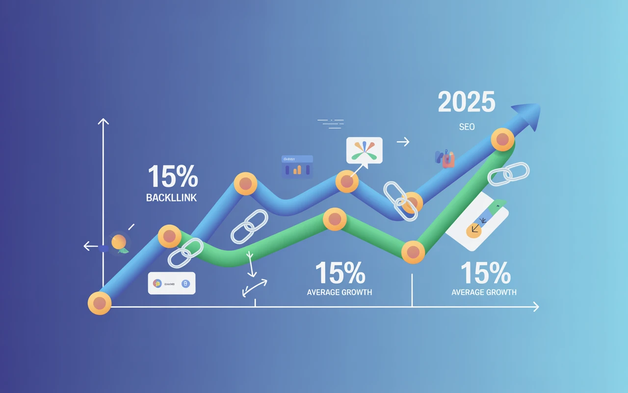 Infographic of 2025 backlink growth trends with upward blue-green line graphs, chain-link icons, and 15% benchmarks on navy-to-cyan gradient.