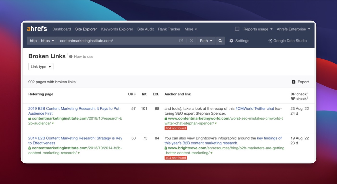 Ahrefs Broken Link Checker results page
