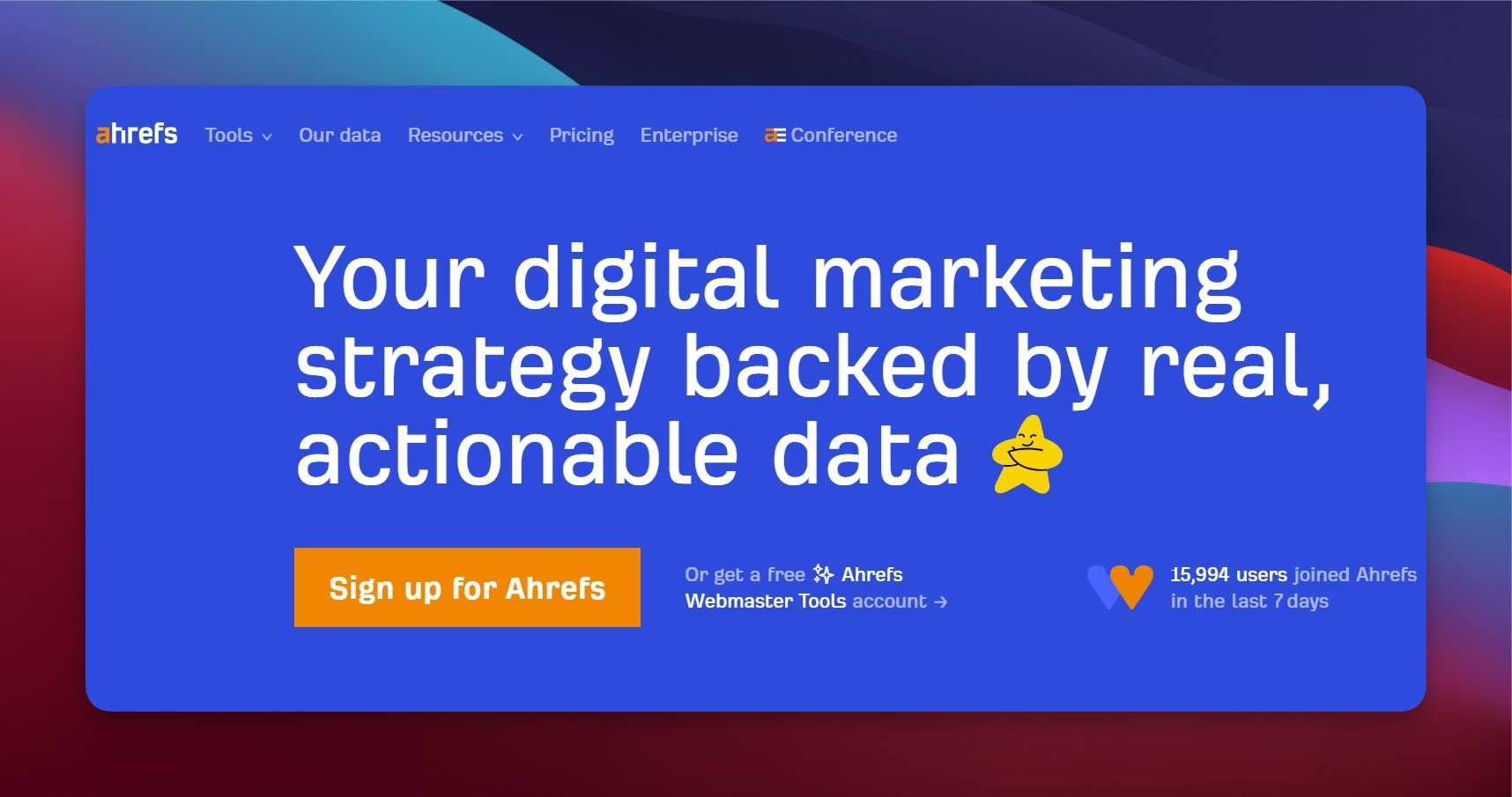 Ahrefs homepage displaying the SEO toolset and backlink checker interface