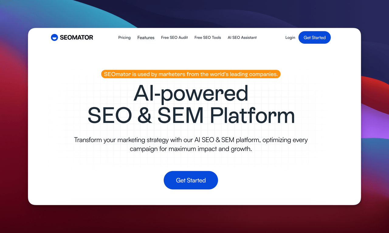 SEOmator homepage showing the comprehensive SEO audit platform
