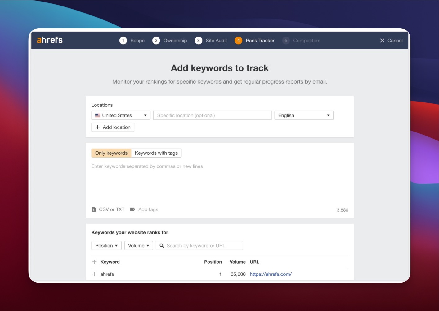 Ahrefs Rank Tracker displaying keyword position history and SERP features
