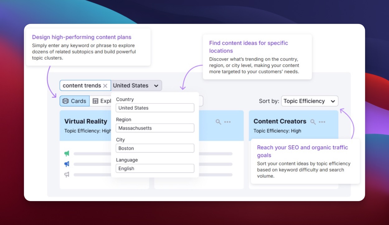 Semrush Topic Research showing content ideas and trending subtopics