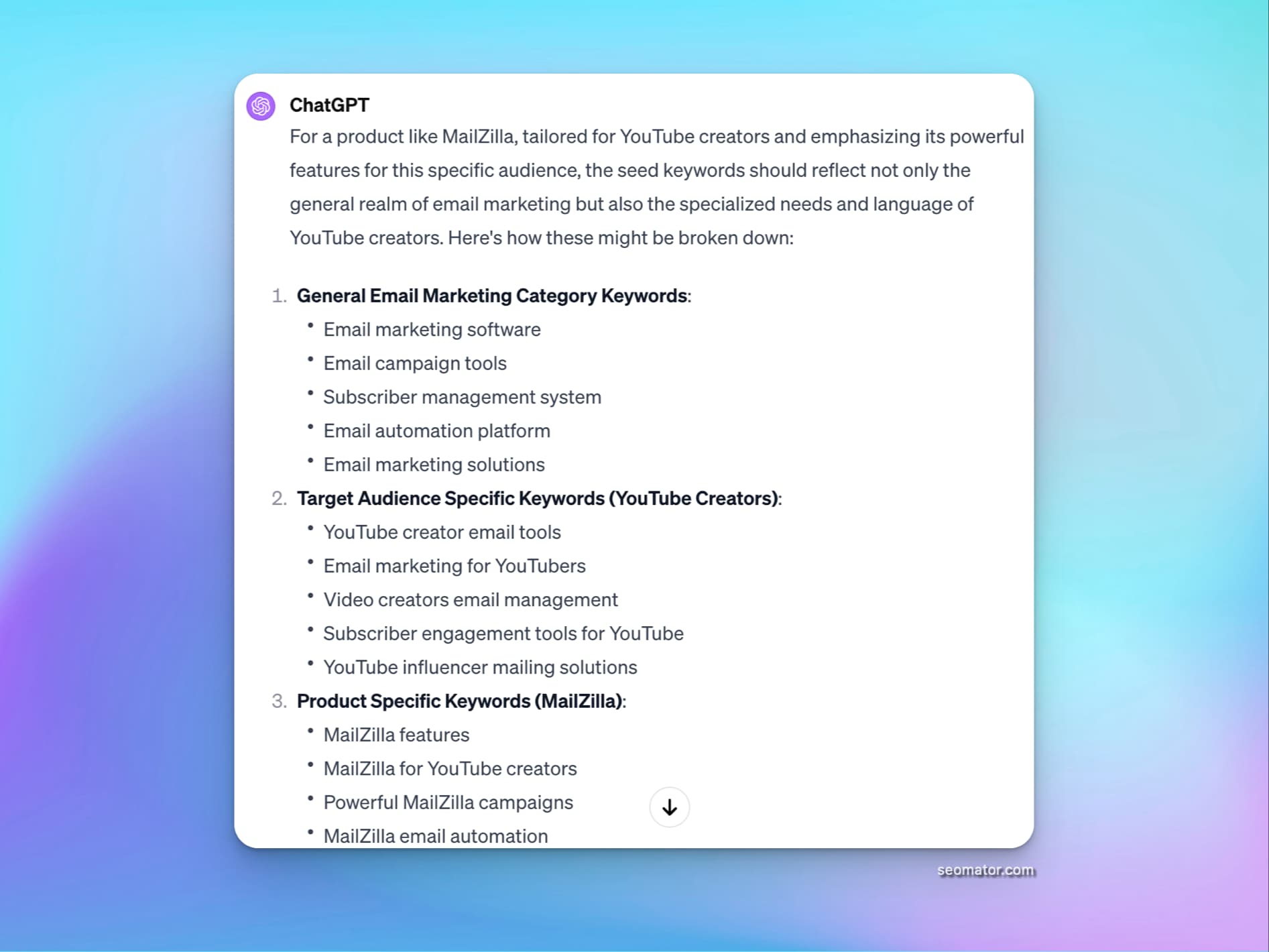 ChatGPT interface showing a seed keyword generation prompt for product descriptions with AI-generated keyword suggestions