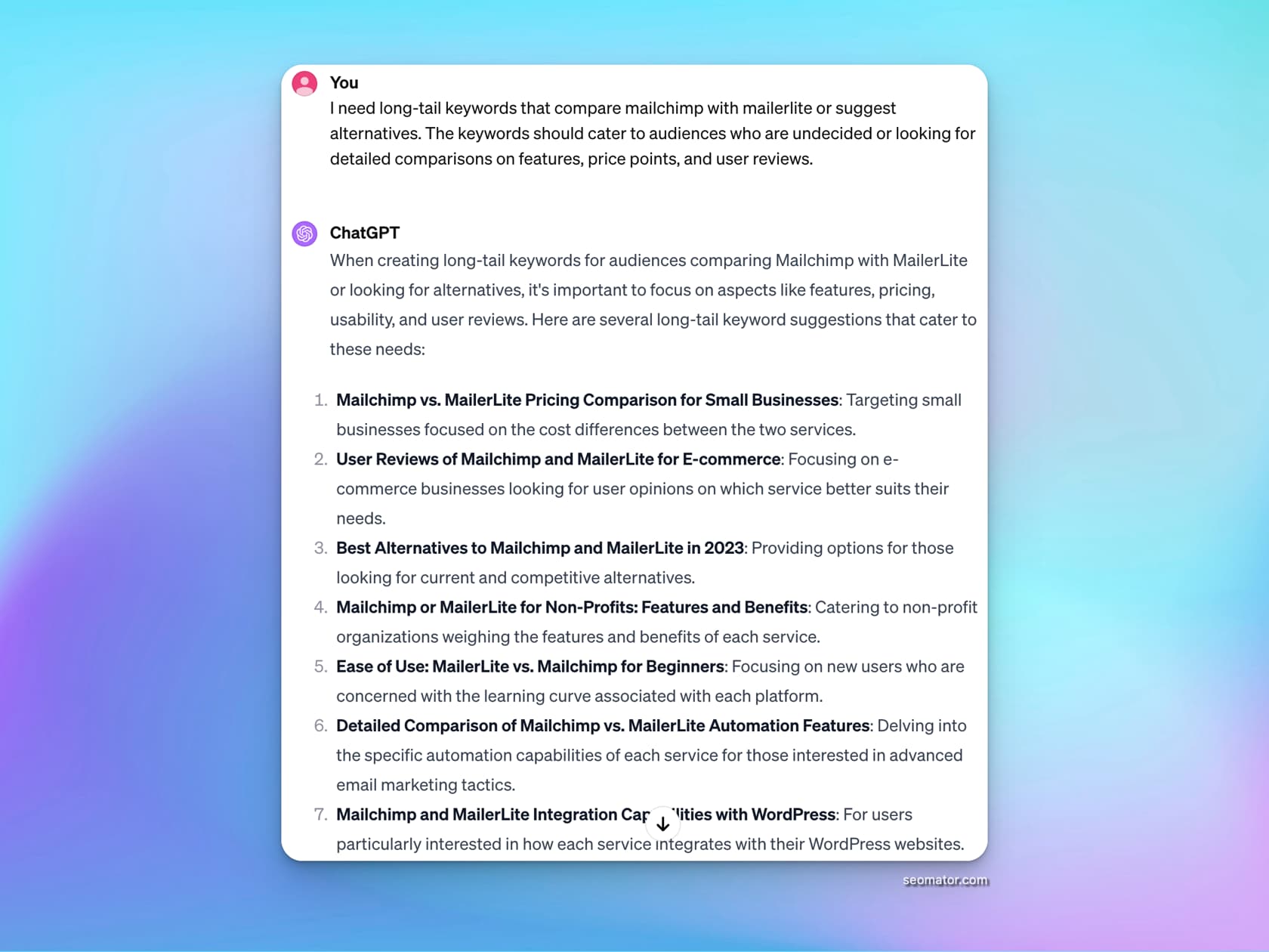 Comparison keyword prompt results for product alternatives research