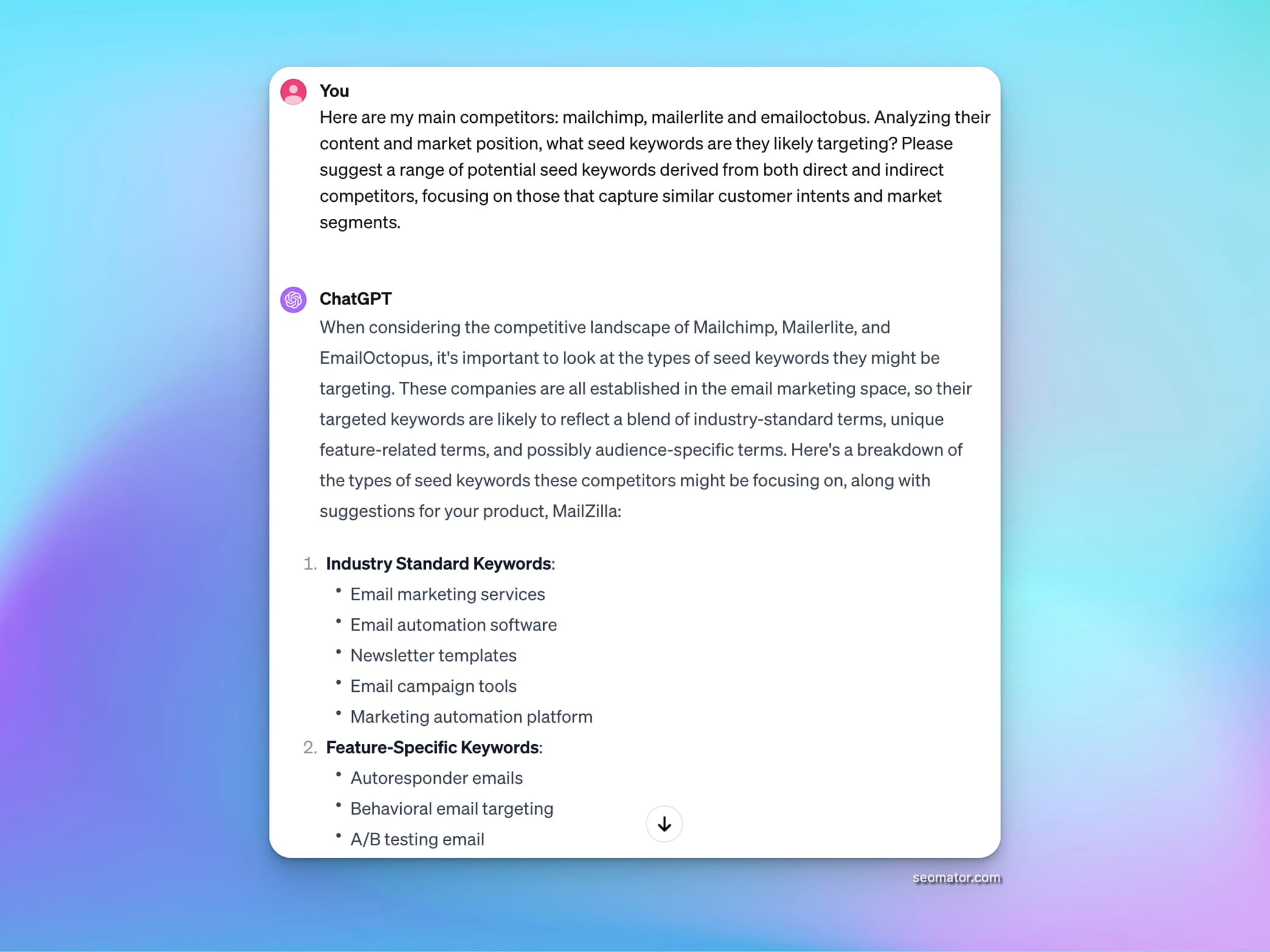 ChatGPT competitor keyword analysis results showing semantic keyword groupings