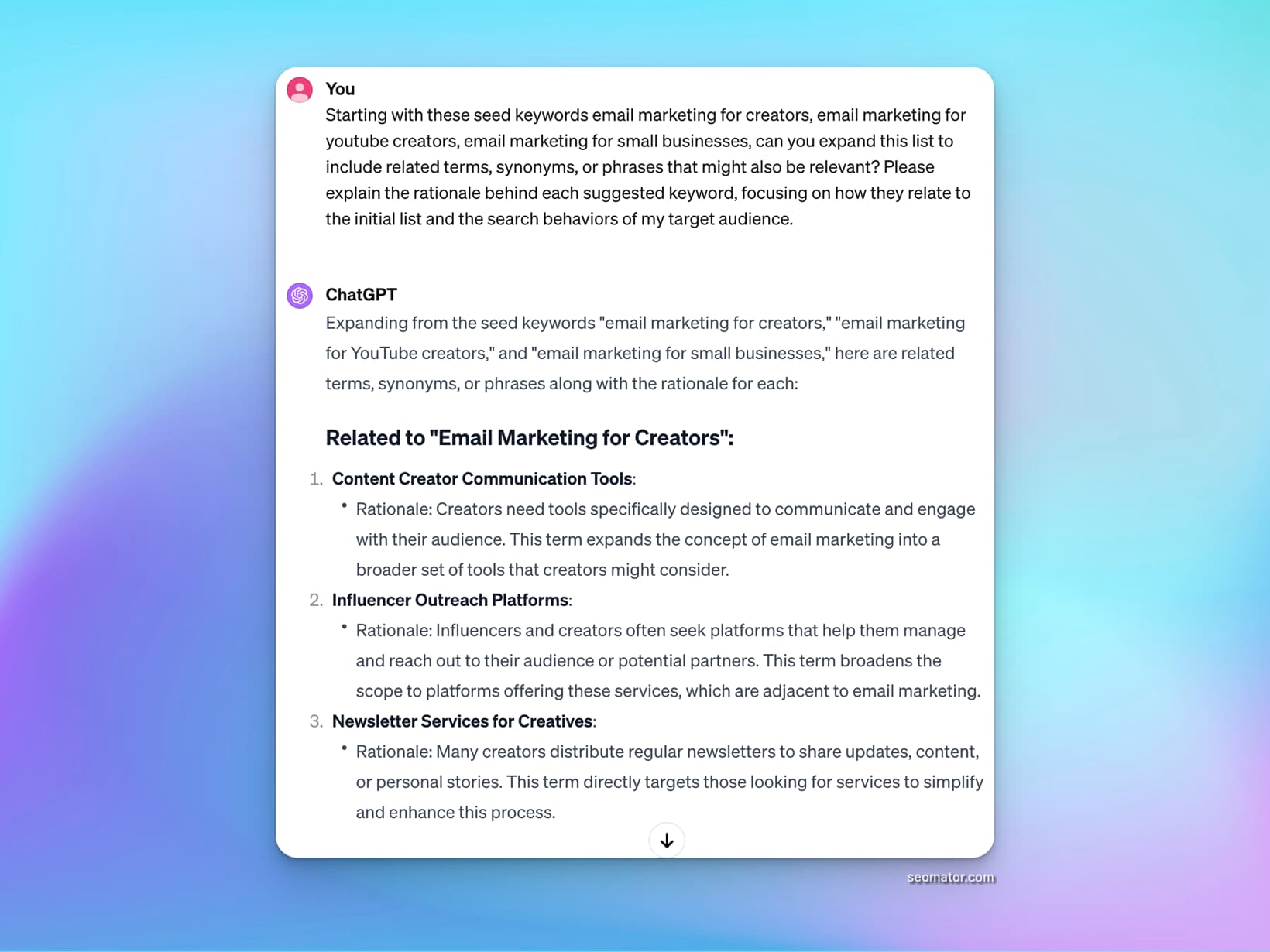 Keyword expansion results showing related terms and semantic variations